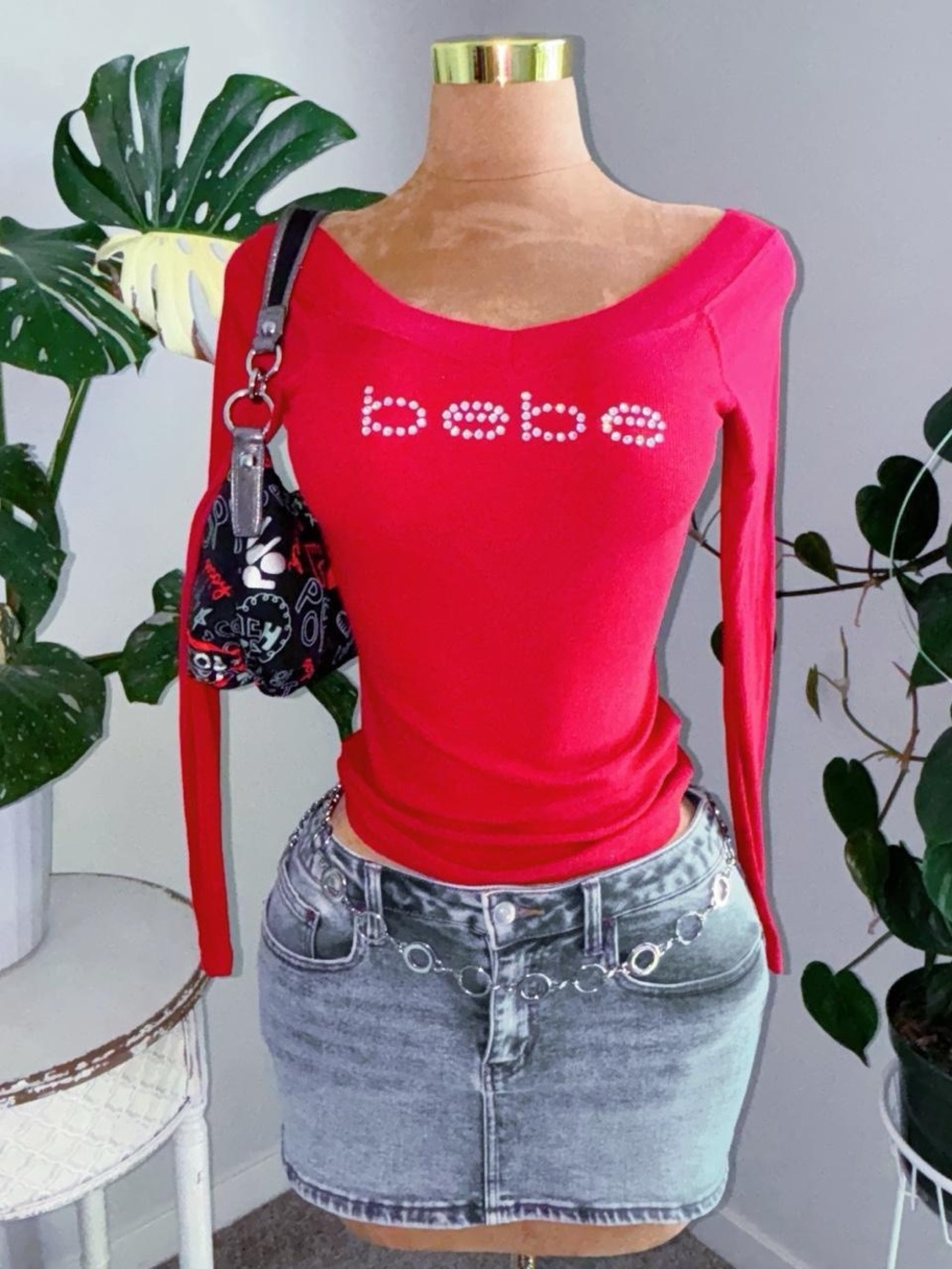 Vintage Y2K Bebe Red Rhinestone Logo Long Sleeve Top Made in USA S
